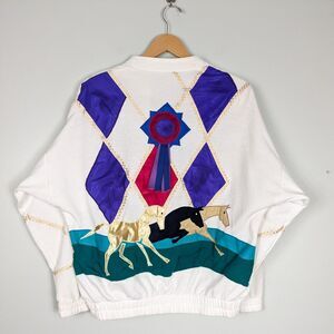 Vintage Sweatshirt Jacket 80s 90s Horse Equestrian Zip Funky Colorful Track L